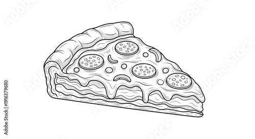 Hand-drawn slice of pepperoni pizza with melted cheese, black and white sketch