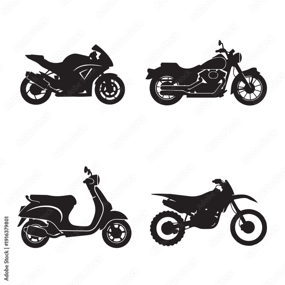 Obraz premium Motorcycle icon set with four vehicles. Includes scooter, sports bike, cruiser, and off-road bike silhouettes. Created in black vector style with white outlines.
