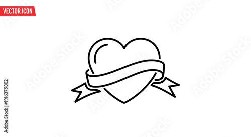 Heart with Ribbon Banner Vector Icon - Love Symbol, Valentine's Day, Romantic Emblem