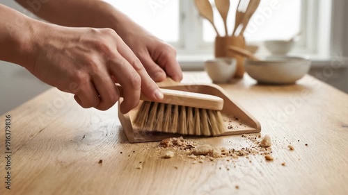 Hand sweeping bread crumbs into wooden dustpan on table, close up