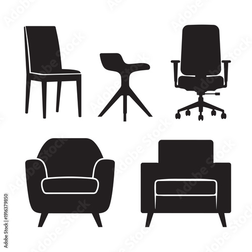 Furniture icon collection. Includes chair, sofa, armchair, office chair, and stool silhouettes. Created in solid black style with white outline accents.