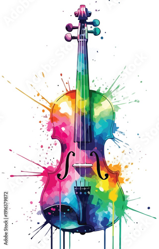 Vibrant rainbow colored violin with dynamic paint splashes