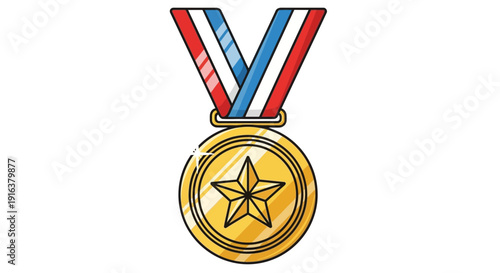 Gold Medal with Star and Red, White, Blue Ribbon - Award, Victory, Achievement Symbol