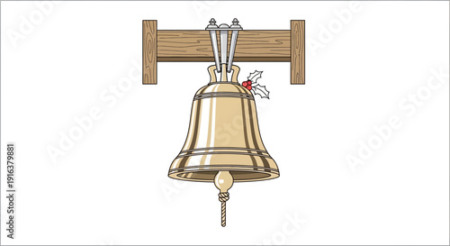 Golden Christmas Bell with Holly Sprig Hanging on Wooden Bracket