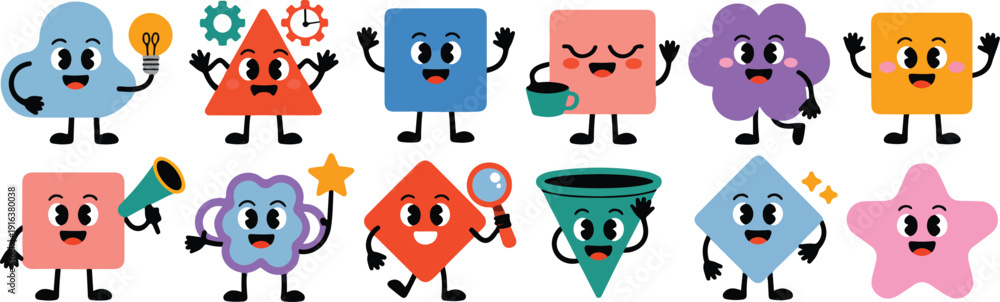 Fototapeta premium Cute Abstract Shape Character Icons Vector Set with Playful Geometric Mascots and Friendly Expressions