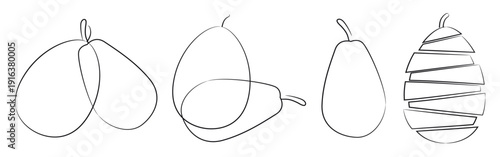 Avocado line art vector set. Whole avocado. Avocado illustrations in doodle style. Avocado vector set. Whole avocado, sliced avocado, half and leaf. Tropical summer fruit engraved. vector illustration