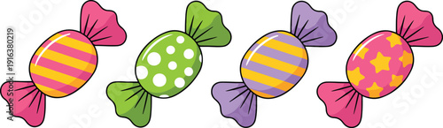 Colorful Wrapped Candy Illustration Set with Striped Dotted and Star Patterned Sweets