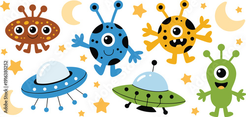 Cute Alien Monster Outline Icon Set with UFO Stars and Moon Kawaii Space Vector for Kids Stickers