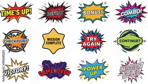 Comic book style speech bubbles and action words