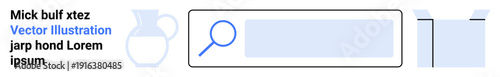 Search, technology, exploration, discovery, data retrieval, minimal design. Illustration of a magnifying glass in a search bar with a pitcher and an open box. Search and exploration concept