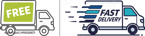 A collection of dynamic logistics icons featuring a "FREE" delivery truck in green and a speeding "FAST DELIVERY" van with motion trails, emphasizing rapid shipping and value-added service.