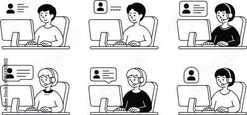 User Profile and Computer Workstation Icon Set with People Avatars Desktop Screens for IT Support and Office Work