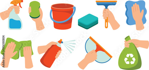 Cleaning Hands Vector Set with Household Tools Sponges Sprays Bucket and Recycling BagCleaning Hands Vector Set with Household Tools Sponges Sprays Bucket and Recycling Bag
