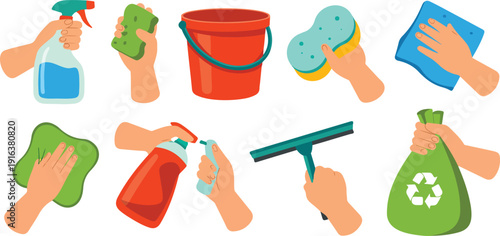Cleaning Hands Vector Set with Household Tools Sponges Sprays Bucket and Recycling BagCleaning Hands Vector Set with Household Tools Sponges Sprays Bucket and Recycling Bag