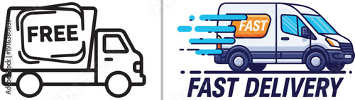 Vector icon set featuring a line-art truck with a "FREE" label and a modern white van with motion lines for "FAST DELIVERY." Perfect for highlighting complimentary and speedy shipping services.
