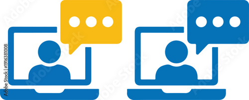 Online Communication and Video Call Interface Icon Set with User Profiles Chat Bubbles and Virtual Meeting Screens