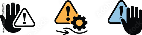 Risk Management and Warning Handling Icon Set with Hands Holding Alert Symbols and Gears for Safety Control