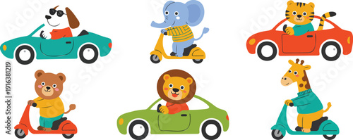 Cute Animal Driving Vehicles Vector Set with Cartoon Zoo Characters Riding Cars and Scooters