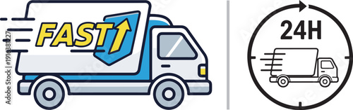 Professional logistics icons including a "Fast" delivery truck with a blue shield and a "24H" service emblem with motion lines, representing secure, rapid, and around-the-clock shipping.