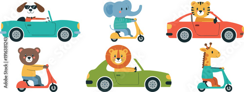 Cute Animal Driving Vehicles Vector Set with Cartoon Zoo Characters Riding Cars and Scooters