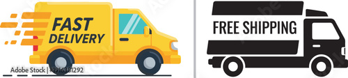 Vector graphics of delivery trucks featuring "FAST DELIVERY" and "FREE SHIPPING" labels. The icons use bright yellow and bold black to signify speed, efficiency, and promotional logistics services.