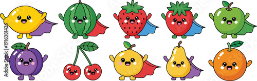 Cute Superhero Fruit Characters Vector Set with Apple Lemon Strawberry and Watermelon Mascots