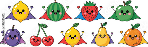 Cute Superhero Fruit Characters Vector Set with Apple Lemon Strawberry and Watermelon Mascots