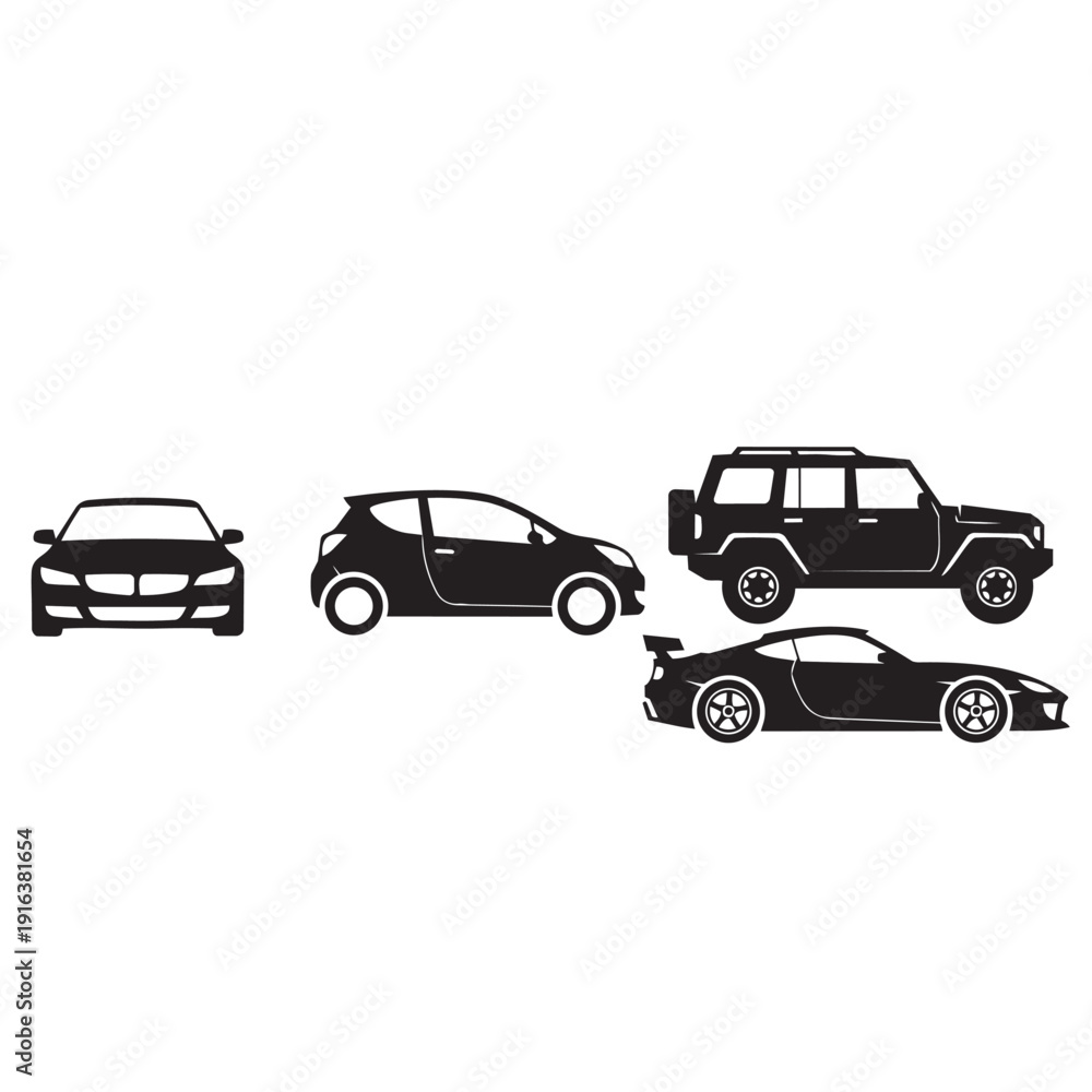 Obraz premium Car vehicle silhouette icon collection. Includes sedan, hatchback, SUV, and sports car symbols. Created in solid black flat style with monochrome palette.