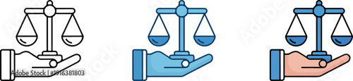 Justice Balance Scale and Law Fairness Icon Set with Hands Holding Legal Symbols