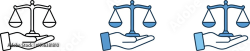 Justice Balance Scale and Law Fairness Icon Set with Hands Holding Legal Symbols