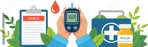 Diabetes Healthcare Illustration with Blood Glucose Meter Insulin Vial and Medical Records