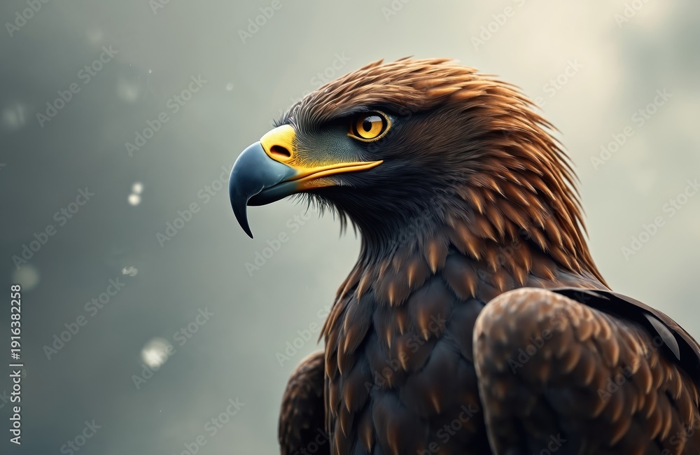 Obraz premium Majestic golden eagle with yellow eyes and sharp beak perched against soft grey sky. Bird of prey shows intense stare, wild nature symbol. Its brown feathers detailed.