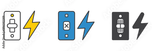 Circuit breaker icon set, multi style various collection featuring electrical switch, safety disconnect