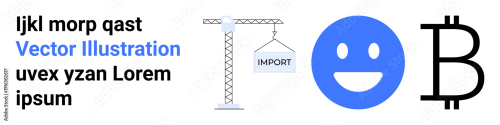 Fototapeta premium Digital economy, blockchain, global trade, digital interfaces, cryptocurrency, communication tools. Crane with import label, emotion symbol Bitcoin sign. Global trade and blockchain