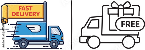 A comprehensive mega-set of vector graphics featuring hand-drawn arrows in various styles—dotted, zigzag, curly, and circular—alongside blue delivery truck icons and free shipping gift symbols.