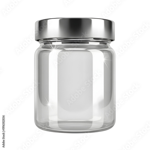 Empty glass jar with silver lid on white background viewed from front