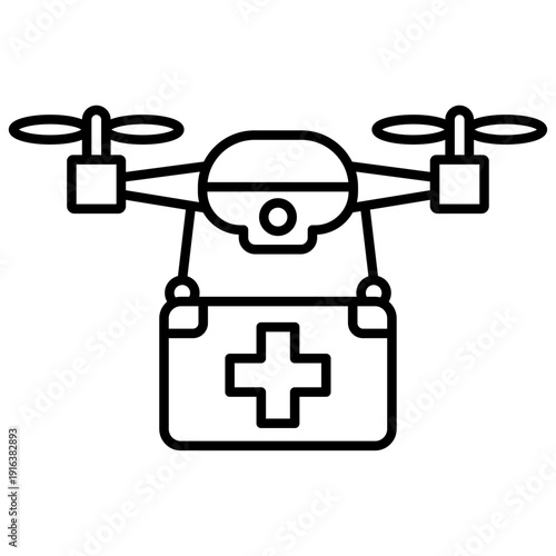 Medical Drone Line Icon – Emergency Healthcare Delivery UAV with First Aid Box Minimal Monoline Vector