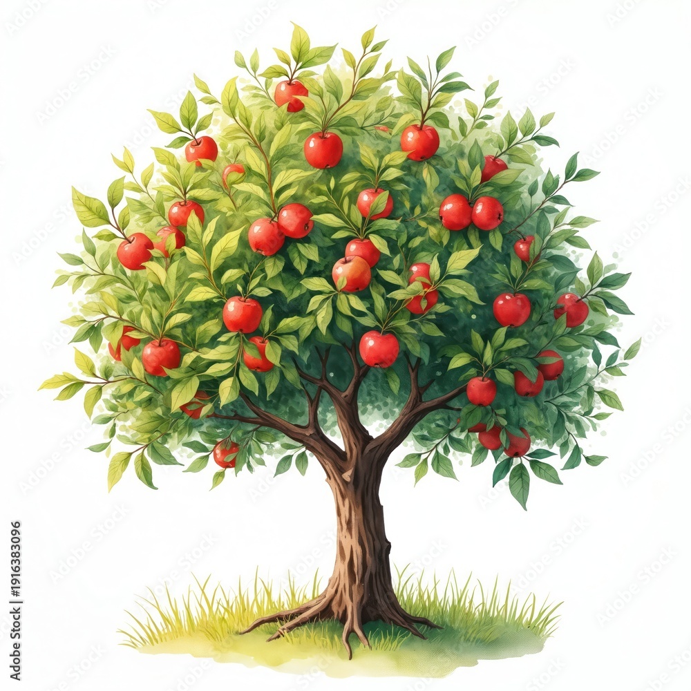 Fototapeta premium Watercolor illustration of ripe red apples on tree branches. Green leaves surround fruit. Tree trunk and grass detail. White background isolates nature scene.