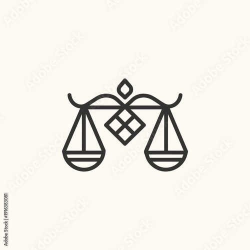 Minimalist Line Art Justice Scales Icon with Decorative Knot and Flame Symbol