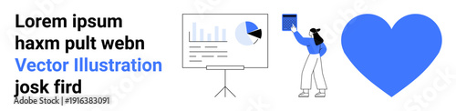 Data visualization, business communication, teamwork, analytics, connection, education. Chart on screen, individual presenting heart icon. Data visualization and business communication concept