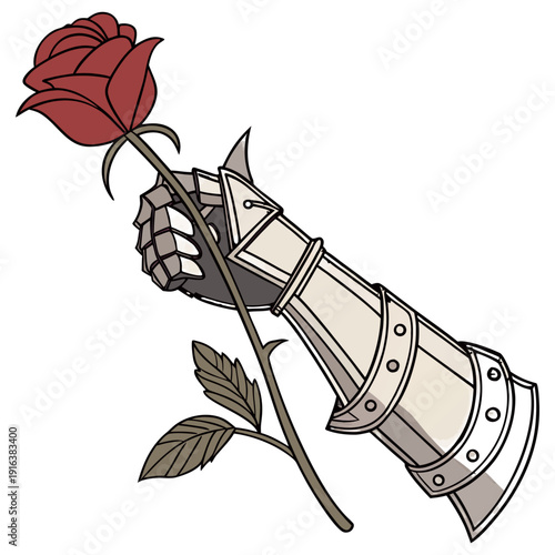 Red Rose in Medieval Knight Gauntlet Romantic Fantasy Armor Hand Vector Illustration