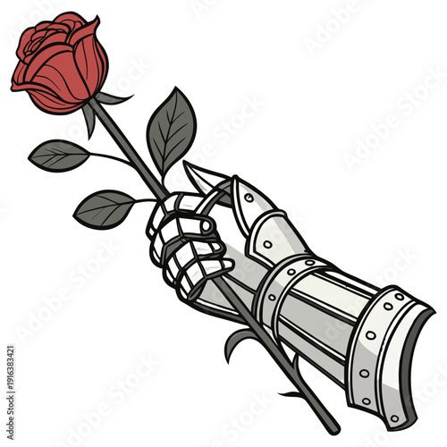 Red Rose in Medieval Knight Gauntlet Romantic Fantasy Armor Hand Vector Illustration
