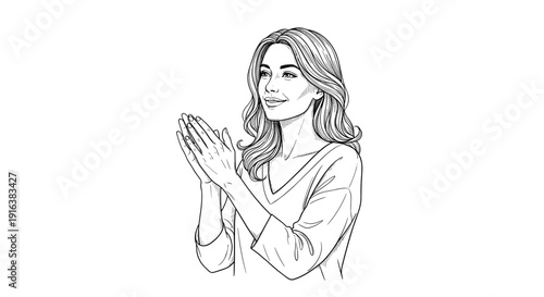 Young woman applauding with smile in line art style