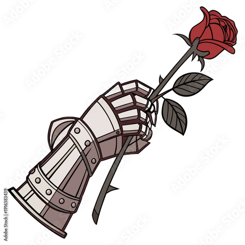 Red Rose in Medieval Knight Gauntlet Romantic Fantasy Armor Hand Vector Illustration