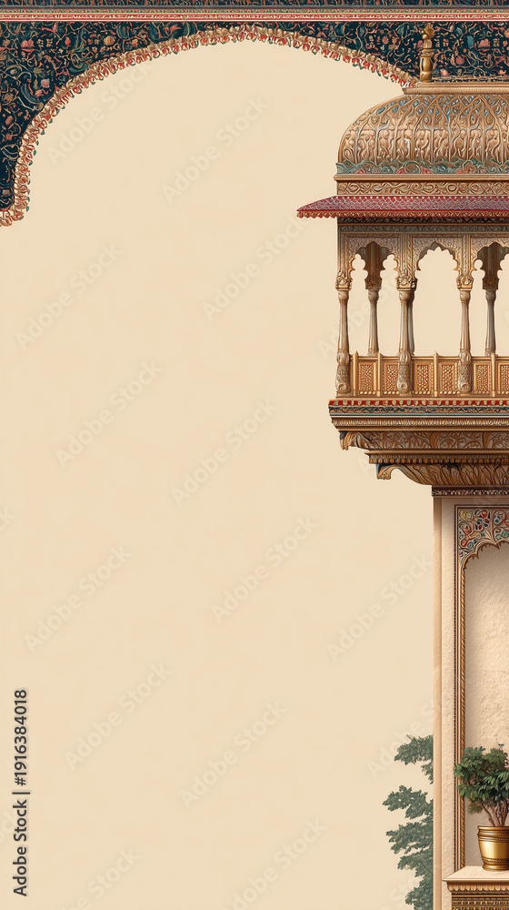 Fototapeta premium Royal jharokha corner Indian wedding template with 80% blank space for premium branding use.