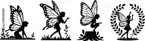 Beautiful butterfly fairy silhouettes set in nature, magical pixie girl characters with wings on flower garden and tree stump for fairytale design,