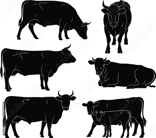 Cow and bull silhouettes vector set, cattle farm animals grazing and standing icons