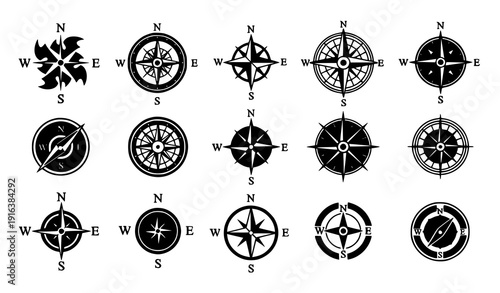 Navigational compass vector icon set wind rose symbols