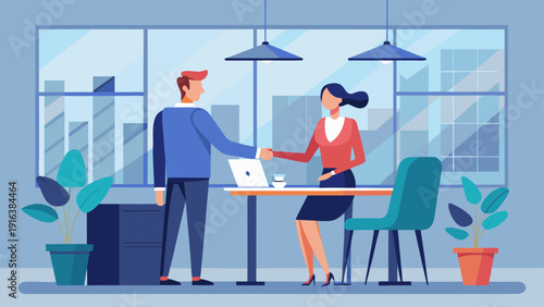 Business Partnership – Man and Woman Shaking Hands in Office Vector