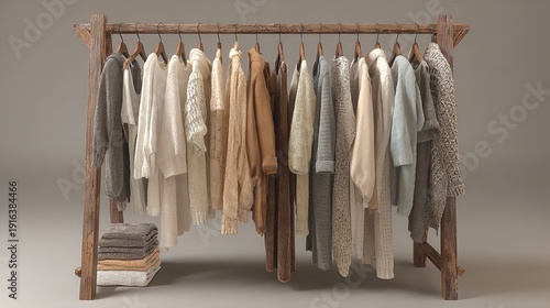 Clothing Rack Image: Assortment of Tan, Gray Sweaters and Garments Displayed on Rustic Wooden Rack